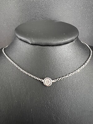 #ad 14K White Gold Natural One 0.10CT F VS Round Diamond Bezel Necklace 6quot; NEW $385.00