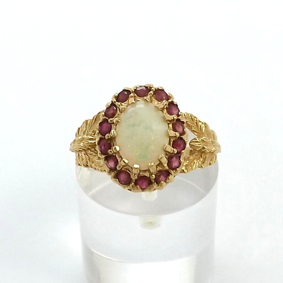 #ad Victorian Style 14K Gold Genuine Opal Ruby Halo Leaves Ring $379.05