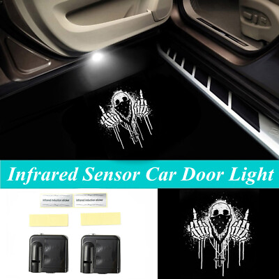 #ad 2Pcs LED White Middle Finger Skull Logo Car Door Welcome Projector Shadow Lights $18.04