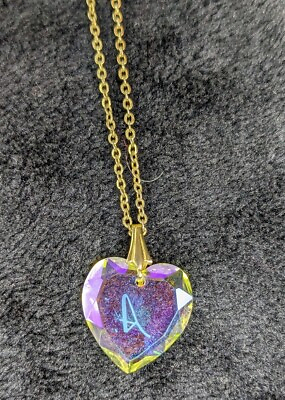 #ad Initial quot;Aquot; Glass Heart Pendant Necklace Silver Tone Reflective Valentine#x27;s $9.99