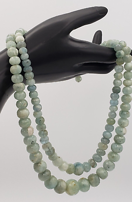 #ad Natural Aquamarine Round Beaded Necklace Sterling Silver 925 $130.00
