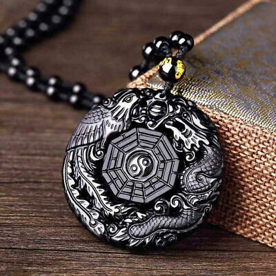 #ad Lucky Pendant Necklace Natural Obsidian Carved Chinese Phoenix BaGua Dragon A6P5 $2.60