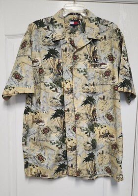 #ad Tommy Hilfiger Mens Shirt L Island Explorer Button Up Short Sleeve Large $13.00