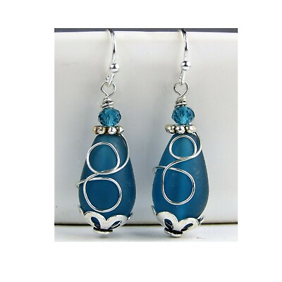 #ad Teal Blue Sea Glass Earrings Wire Wrap Sea Foam Earrings Tear Drop Handmade $11.99