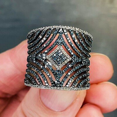 #ad 925 Sterling Silver Blue and White Diamonds Wide Band Ring Size 6 $172.00