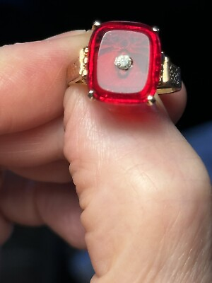 #ad Gold Tone Red Ruby Glass Stone CZ Modern Ring Size 8 “Anny Sue” $79.99