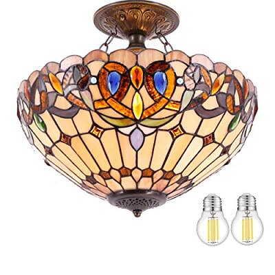 #ad Tiffany Ceiling Light Fixture Serenity Victorian Stained Glass Semi Flush Mou... $243.68