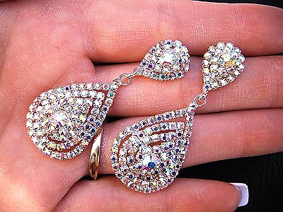 #ad AB Crystal Earrings Long drop dangle Wedding Bride Bridal Pageant Prom Jewelry $149.99