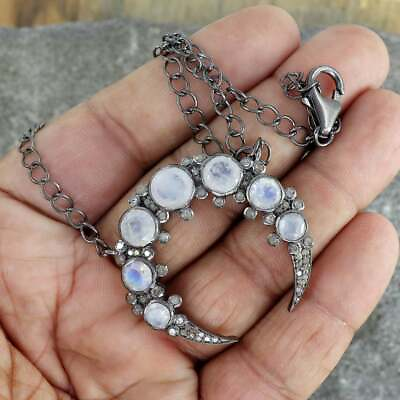 #ad Necklace Natural Pave Diamond moonstone Gemstone 925 Sterling Silver Jewelry $227.04