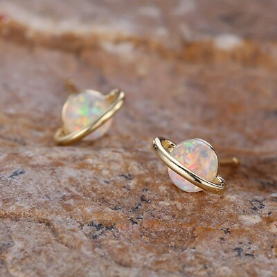 #ad White Opal Stone Stud Earrings Saturn Earrings Gold Plated Post Earrings Dainty $12.90