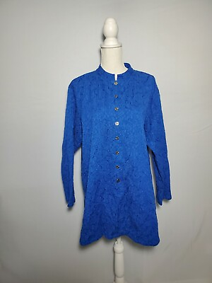 #ad Chicos Long Sleeve Button Down Blue Textured Jacket Metal Buttons Women#x27;s Size 3 $23.35