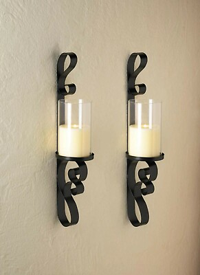 #ad Black Scrolled Iron Wall Sconce Candle Holder Light Lamp Lantern Home Decor Set $50.19