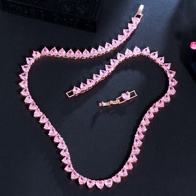 #ad Romantic 585 Rose Gold Pink CZ Love Heart Tennis Choker Necklace for Women Party $17.92