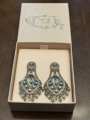 #ad Kirks Folly Blue Rhinestone Dangle Drop Earrings Gold Tone New In Box Gorgeous $48.00