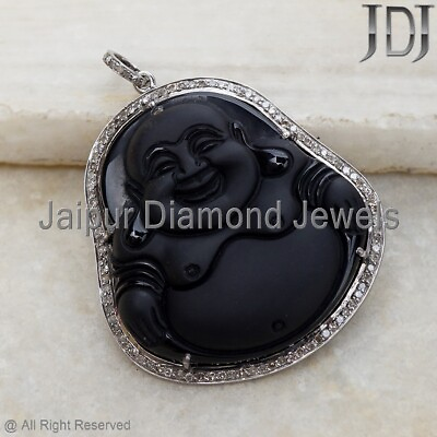 #ad Natural Pave Diamond Buddha Charm 925 Sterling Silver Onyx Gemstone Gift Pendant $441.60