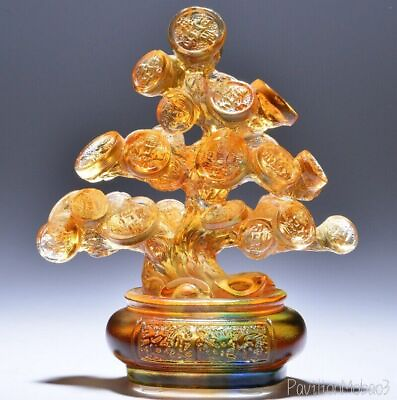 #ad Crystal Coin Tree Statue Chinese Liu Li Glass Feng Shui Wealth Bonsai Money Deco $122.50