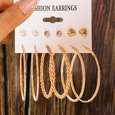#ad Round Gold Tone Six Pairs Hoop Earrings Lightweight Dangle Drop Stud Set $14.50