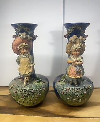 #ad Pair of Antique Johann Maresch Cobalt Blue Fine Art Terracotta Sculptures Vases $450.00
