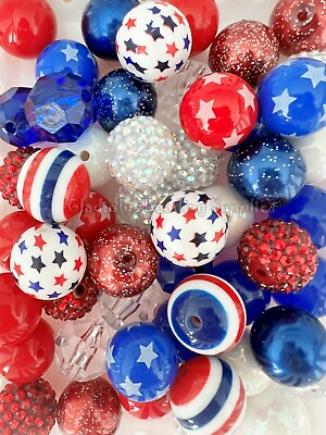 #ad 50 Qty 20mm Beads 4th of July Acrylic Beads Bubblegum Beads Gumball Bead #144 $14.89