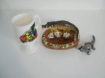 #ad Florida 1960s Souvenirs Ashtray Milkglass Mug pewter Alligator Set 3 $119.99
