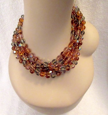 #ad Sparkling Vintage Faceted 5 Strand Crystal amp; Amber Glass Bead Necklace Superb $134.99