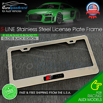 #ad Audi Chrome License Plate Frame Gloss Black S Line Emblem Stainless Steel 3D $21.99