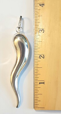 #ad Italian Horn Pendant 3.25 inch Long 925 Sterling Silver Hollow Italy New $46.95
