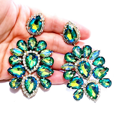 #ad PIERCED Earrings Rhinestone Crystal Large Green Vitrail Drop Chandelier 3.6 in $44.99