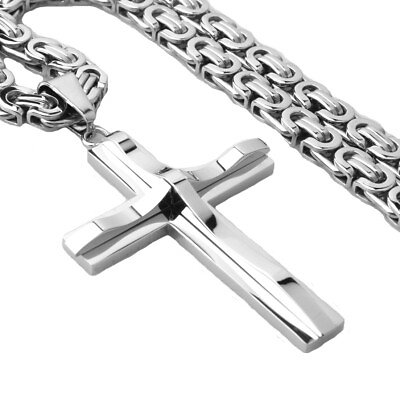 #ad Hot Silver Tone Mens Stainless Steel Cross Pendant Necklace 6mm Byzantine Chain $13.29