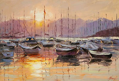 #ad Sundown on Resting Boats Elena Bond 2016 UNFRAMED Original Acrylic Canvas Work $6995.00