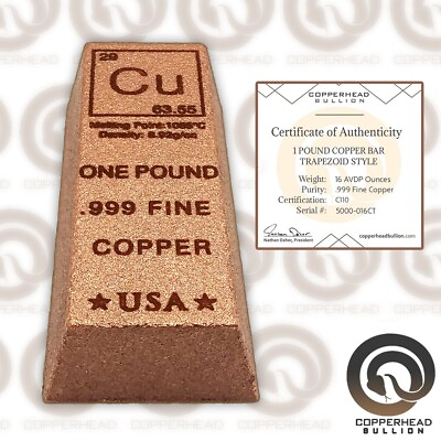 #ad 1 Pound lb 16 oz Copper Bullion Bar Element Trapezoid Style .999 Fine Ingot 10 $21.99