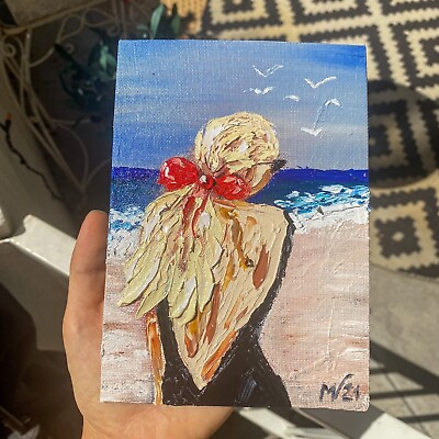 #ad Woman at Beach Painting Summer Original Art Canvas Art Impasto Painting Oil Arts $59.00