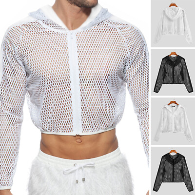#ad Mens Long Sleeve Fishnet Mesh Crop Top Zipper Coat See Through Hooded Jacket Tee $14.50