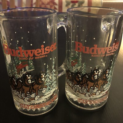 #ad 1989 Anheuser Busch Budweiser Clydesdales 12oz Glass Beer Mugs Set Of 2 READ $9.99