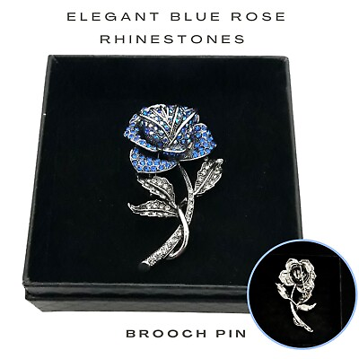 #ad Elegant Blue Pink Rose Rhinestones Brooch Lapel Pin Microfiber Jewelry Pouch $15.00