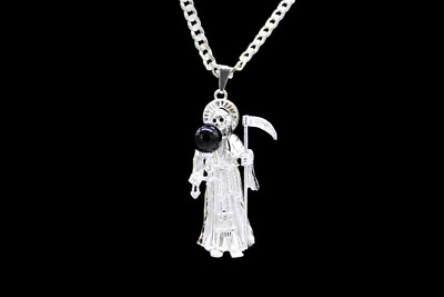 #ad Santa Muerte Pendant with Necklace .925 Silver Chain Holy Death Grim Reaper NEW $89.99