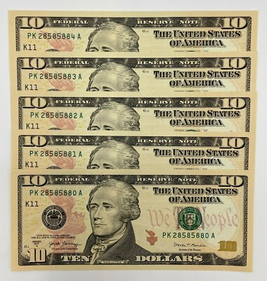 #ad NEW Uncirculated TEN Dollar Bills Series 2017A $10 Sequential Notes Lot of 5 $69.95