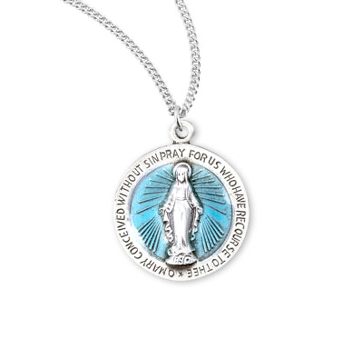 #ad Simple Round Sterling Silver Blue Enameled Miraculous Medal Pendant Necklace $54.88