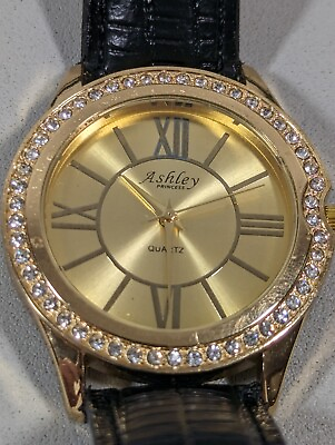 #ad Ashley Princess Gold Tone Crystal Accent Round Case Black Band Watch 8 Inch $13.99