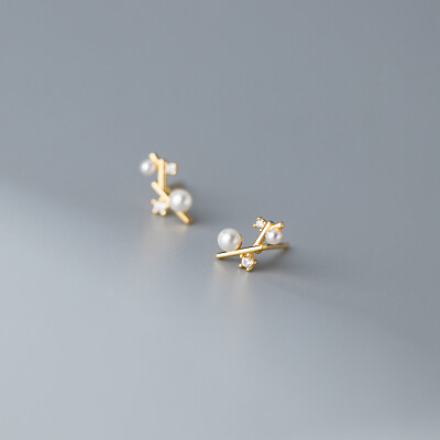 #ad 925 Solid silver Crystal Branch Pearl Flower Stud Ear Stud Earrings $8.36