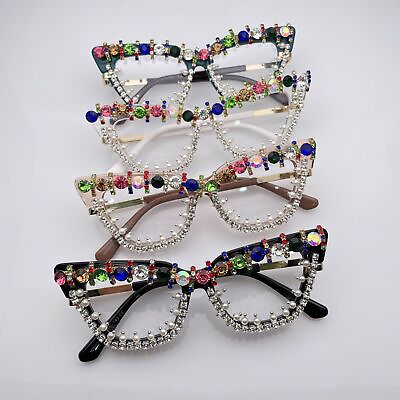 #ad Women Hand made Bling Cat Eye Glasses Frames Gorgeous Rhinestone Eyeglass Frames $24.29