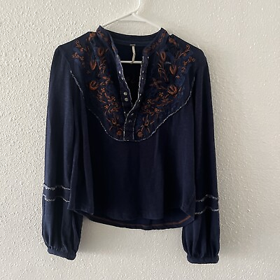 #ad FREE PEOPLE Sundance Blue Embroidered Floral Boho 3 4 Sleeve Snap Top Size XS $14.99