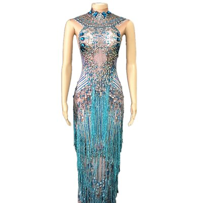 #ad 2023 Fashion Crystal Rhinestone Party Long Dress Women#x27;s Sleeveless Dress $126.21