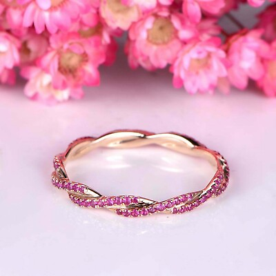 #ad Round Lab Created Pink Sapphire Women#x27;s Full Eternity Band 14k Rose Gold Finish $74.99