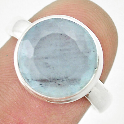 #ad 925 Silver 6.43cts Faceted Natural Blue Aquamarine Round Ring Size 8.5 U44446 $12.93