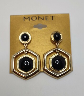 #ad Vintage Jewlery MONET Pearced Dangle Earrings Black Lucite Cabochon. 🆕 4213 $17.99
