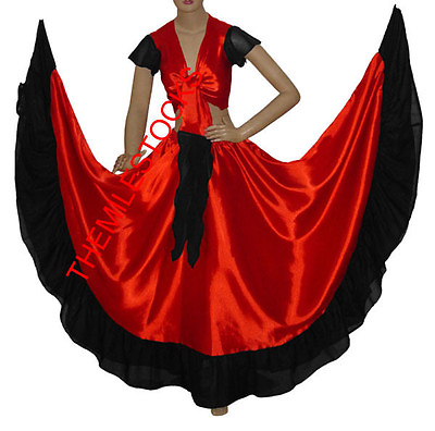 #ad TMS RED BLACK Designer Ruffle Skirt Top Set Belly Dance Costume Gypsy Flamenco $30.99