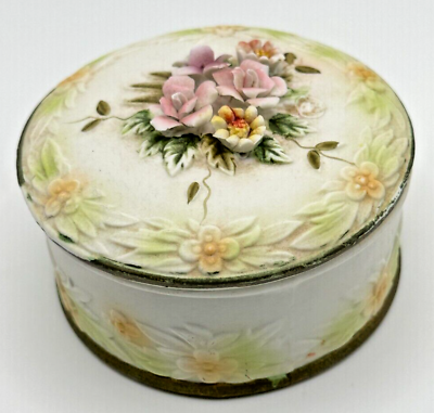#ad Vintage Porcelain Round Jewelry Trinket Box 3D Raised Pink Yellow Flowers 4quot; $12.99