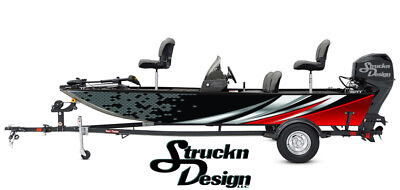 #ad Retro Silver Red Waved Tech Black Vinyl Graphic Decal Kit Fish Boat Wrap USA $282.45