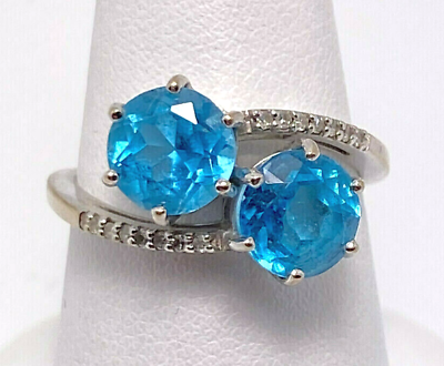 #ad 14k White Gold Swirl Ring w Blue Topaz amp; Diamonds Women Size 6 $249.99